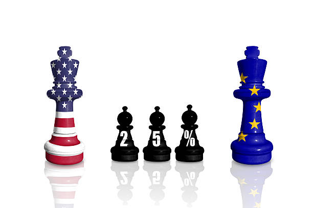 istock Chess made from EU and US flags. Europe Union and USA tariffs, trade, customs war. Tariff 25 percent 2215835597