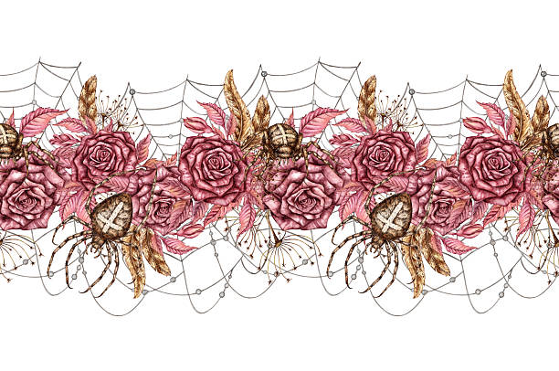 Roses web spider pattern horizontal watercolor Rose maroon, dried flowers, feathers, web and spiders watercolor illustration. Halloween or Day of the Dead botanical decoration. Isolated from background. Gothic design. Pattern horizontal, ribbon, border clip art of a dead rose stock illustrations