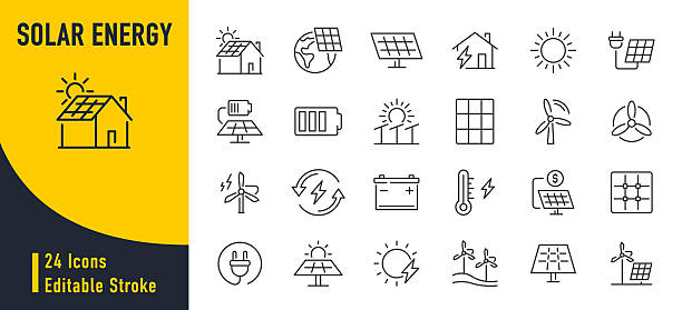 ilustraciones, imágenes clip art, dibujos animados e iconos de stock de iconos web de energía solar en estilo de línea. panel solar, energía verde, batería, energía renovable, ahorro de energía, eléctrico, colección. ilustración vectorial. - energía renovable