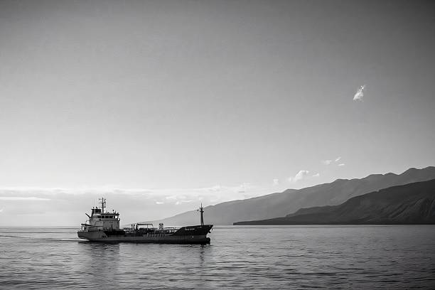 istock Cargo ship near mountainous coast in monochrome 2215845138