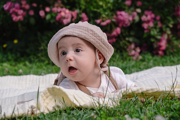 istock Child Lying on Blanket Surrounded by Pink Flowers 2215861428