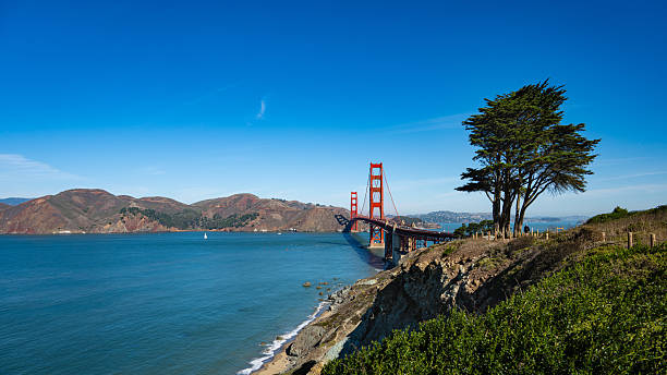 The iconic Golden Gate Bridge in San Francisco, California, spanning across the bay with its striking red towers. This world-famous suspension bridge is a must-see landmark, offering breathtaking views of the city, water, and surrounding hills.