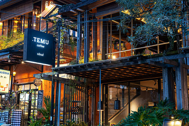 Ubud, Indonesia - May 16, 2025: Night view cafes and shop at Ubud street