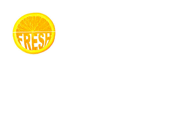 Fresh, orange slice, orange with creative inscription Fresh. White background. Copy space