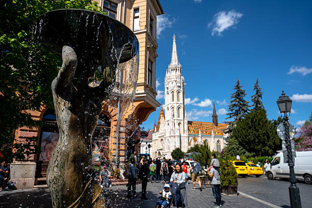 Budapest, Hungary - April 19, 2025: Hydraulic Harmony: Playful Fountain Sculpture Complements Castle District's Majesty