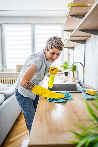 istock Woman cleaning kitchen counter with disinfectant spray and cloth 2215871021