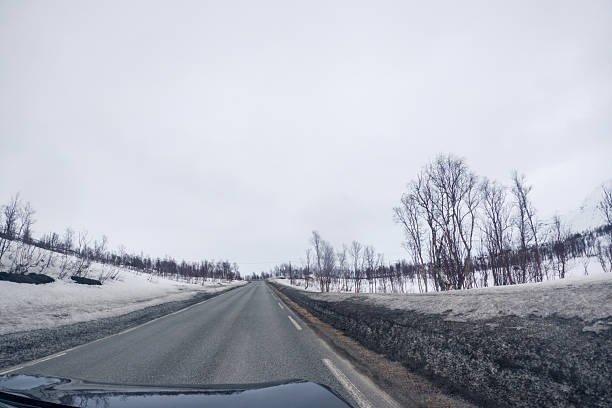 Scenic mountain road cutting through snowy landscape. Serene winter drive under cloudy skies. Beautiful wilderness with snow-covered peaks and bare trees lining the path.
