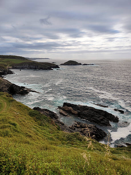 istock Dramatic seascape meeting green coastline under cloudy sky 2215877706