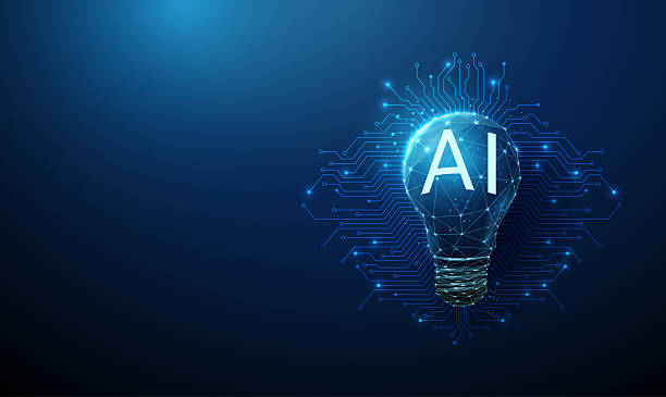 istock Futuristic light bulb with glowing AI inscription on electronic circuit lines background. AI, smart technology, innovative ideas concept 2215886393