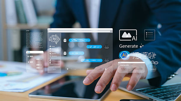 istock A businessman interacts with a futuristic digital interface over a tablet device, illustrating the concept of artificial intelligence (AI), virtual assistant tools, and advanced UI/UX design. 2215894946