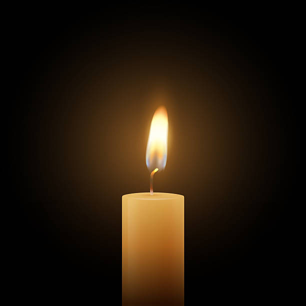 Realistic Vector Candle Flame Clipart on Black Background. Single Wax Pillar Candle with Soft Warm Glow and Flickering Flame, Ambient Lighting Design Template for Web, Print, Logo Design.