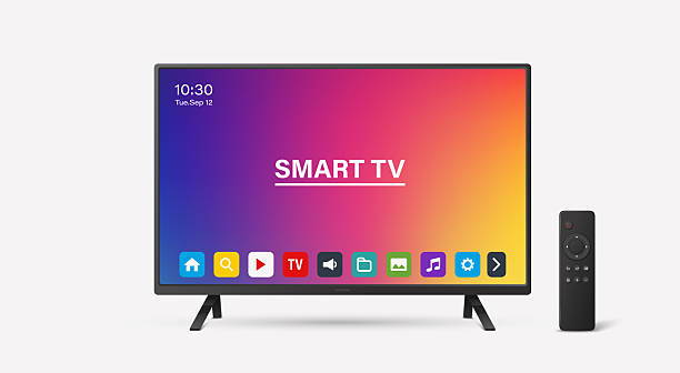 stockillustraties, clipart, cartoons en iconen met smart tv vector illustration with remote control. modern smart tv vector art for interface design. realistic smart tv vector for technology mockup. stylish television and remote for app and branding - televisietoestel