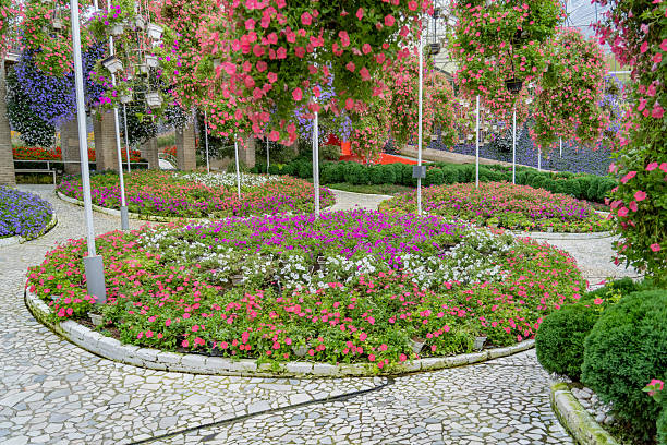 Flower garden with walking path stairs