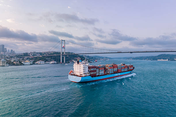 istock Large Container Ship Sailing Under Bridge in Scenic Coastal City. Istabul, Turkey. Bosphorus. Drone 2215905089