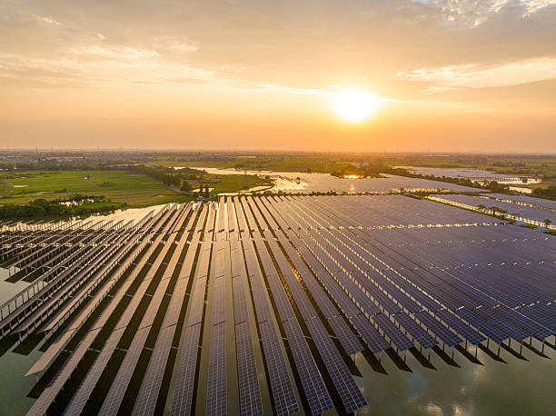 istock Large-scale floating solar power generation, spectacular sunset 2215905636