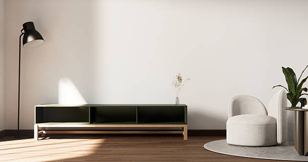 istock Mock up Cabinet and panel wall design on empty room with decoration ,lamp, plants .3D rendering 2215913300