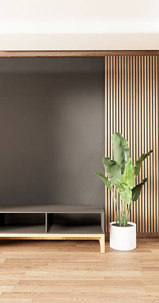 istock Mock up Cabinet and panel wall design on empty room with decoration ,lamp, plants .3D rendering 2215913304