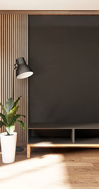 istock Scene cabinet in modern empty room, black  wall on wood floor, 3d rendering 2215913678