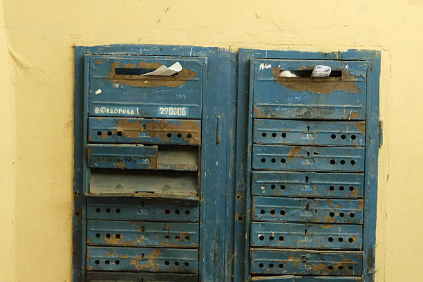 A close-up of some old mailboxes from the soviet period. Lviv, Ukraine - September 3, 2024.