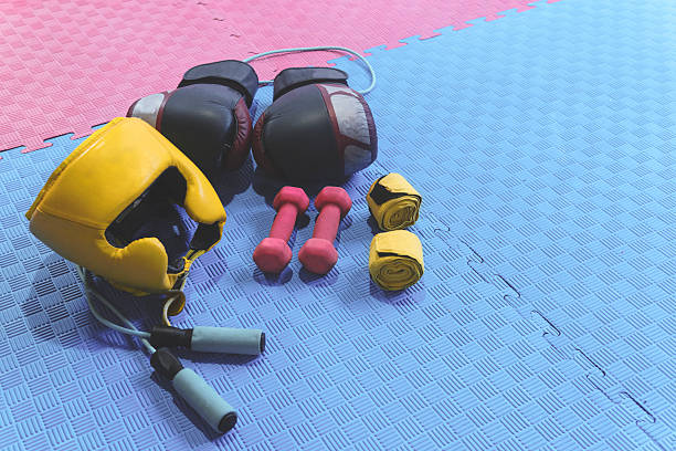 Boxing gloves, headgear, dumbbells, hand wraps, and jump rope arranged on colorful tatami mats, ready for training