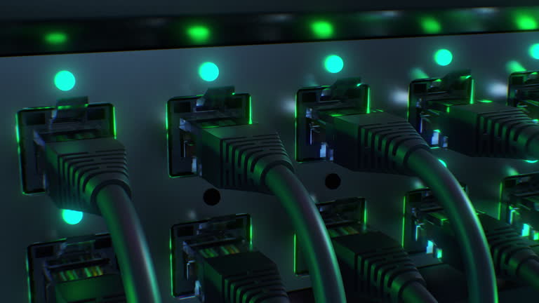 Network Switch and Ethernet Cables Close-up Loop 3d Animation. Blinking Green Lights Seamless. Internet LAN Cables Connect Server. Cloud Computing, High Speed Data Transfer Concept