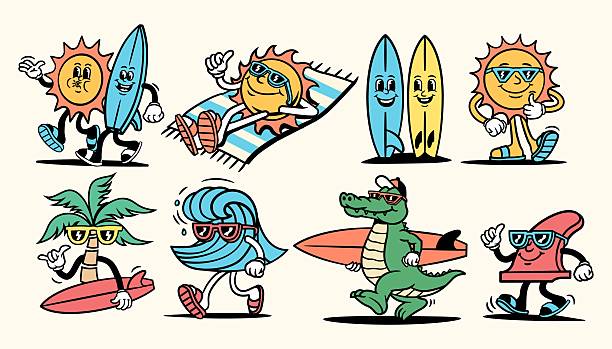 Hand-drawn retro cartoon summer surf vector set. Sun, surfboard, wave, palm tree, alligator characters.