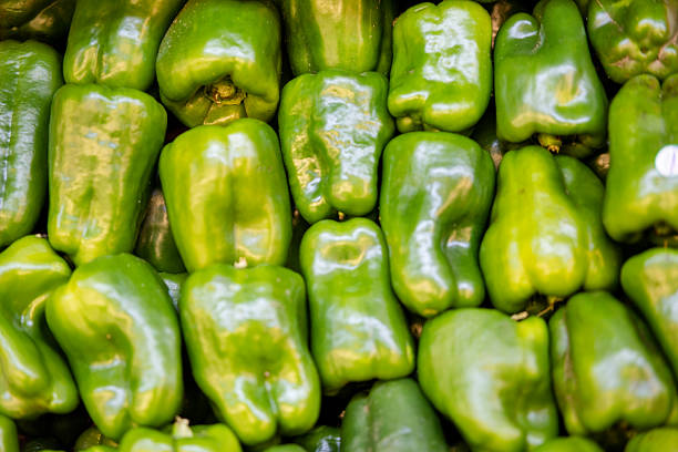 Top view of fresh green bell peppers in supermarket display.  Full frame of produce market pile of fresh green bell peppers.