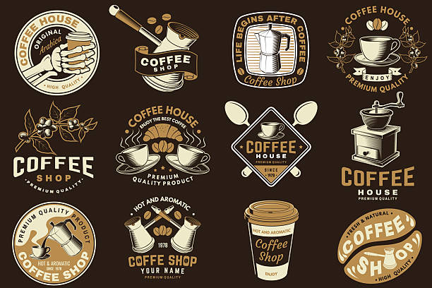 Coffee shop. Hot and aromatic. Vector. Concept for cafe and restaurant logo, brand, label with paper coffee cup, branch of coffee tree, grinder silhouette.