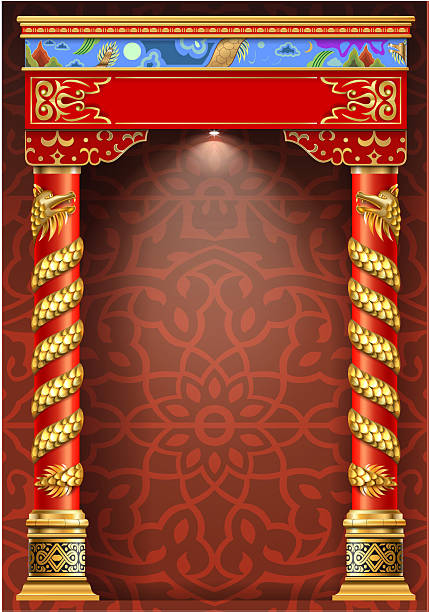 Luxury Entrance Golden Oriental Japanese Arch. The Eastern red chinese arch. Carved architecture and classic columns. Chinese style. Decorative architectural frame in vector graphics.