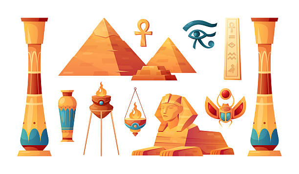 Ancient Egypt set. Vector Egyptian archeology collection with God and pharaoh statues, pyramid, vase, sacred cross, columns, scarab, hieroglyphs. Ancient civilization. Pharaoh temple interior elements