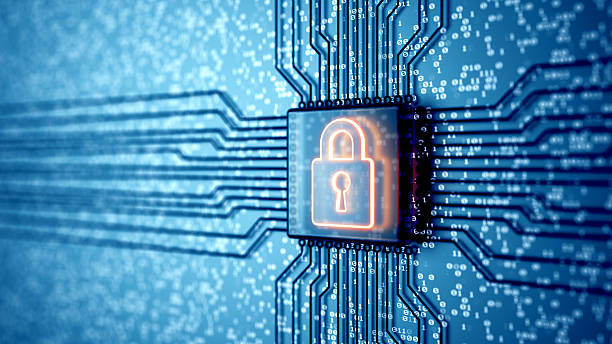 electronic quantum computer microchip with lock icon. internet security and privacy network technology. circuit board. 3d render - beveiliging stockfoto's en -beelden