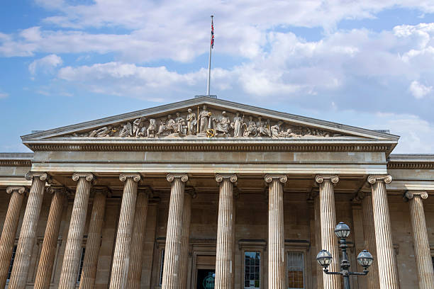 London, England, UK - May 1, 2025:  Front Entrance to the British Museum, apublic museum dedicated to human history, art and culture located in the Bloomsbury area of London.