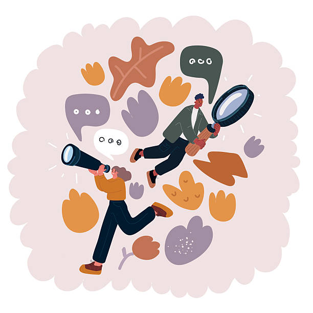 istock Vector illustration of people looking through magnifying glass and looking through spyglass. Man and woman 2215936269