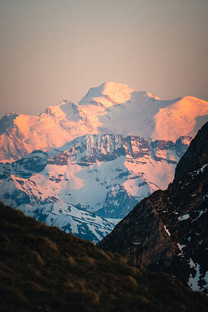 Sunrise over snowcapped mountain and ranges, Mont Blanc, Mount Grammont, Valais, Swiss Alps