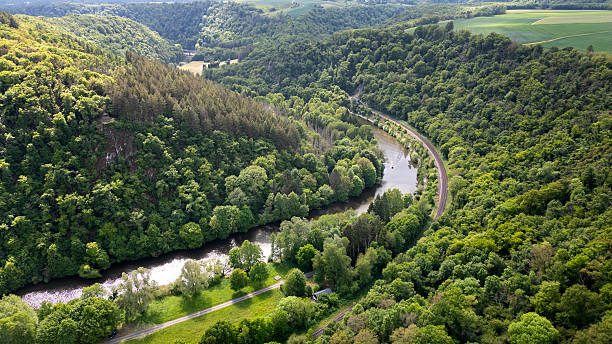Aerial view of Lahntal nearby Diez, Rhineland-Palatinate, Germany