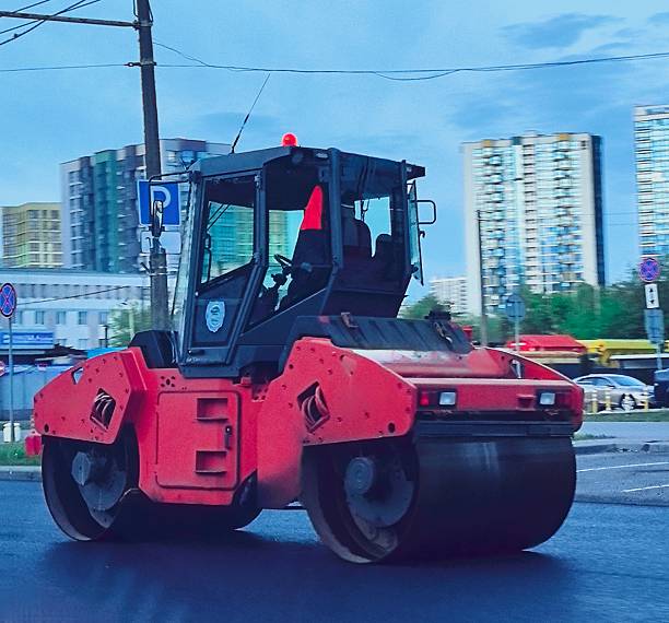 Asphalt Road Roller heavy construction machinery 3D rendering on white background
