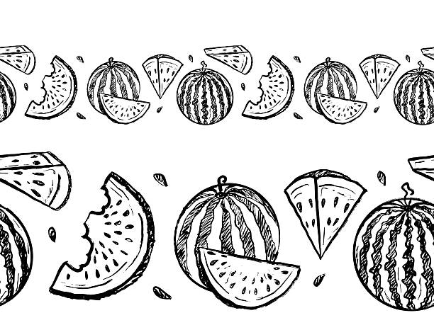 Seamless border with watermelon whole and slices in black brush stroke texture isolated on white. Hand drawn vector sketch illustration in vintage charcoal ink. Menu design, print, summer.