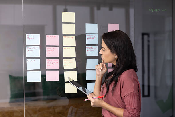 istock Pensive young woman project developer stand at agile glass wall 2215940466