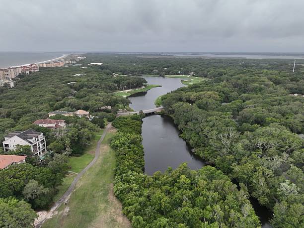 istock Aerial view of lush landscape with river and coastline. 2215942607