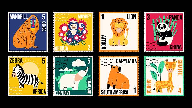 Set of postage stamps with capybara giraffe, elephant, panda, zebra, lion. Graphic cute cards with wild animals.