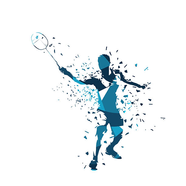 Badminton player, abstract blue isolated vector silhouette Badminton player, abstract blue isolated vector silhouette badminton racket and shuttlecock stock illustrations