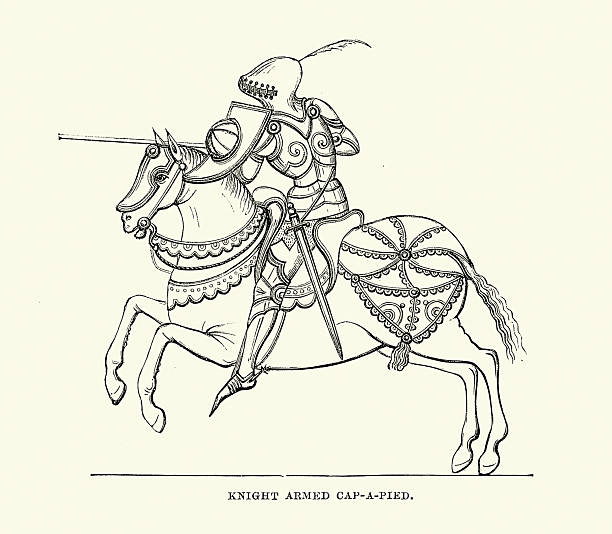 istock Medieval history, Knight on horseback armed with shield and lance, Armoured head to toe, Cap-a-pied, Vintage illustration 2215944828