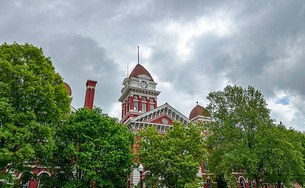 Historic Lake County, Indiana courthouse and clock tower against stormy spring sky. Crown Point, IN USA May 14, 2025