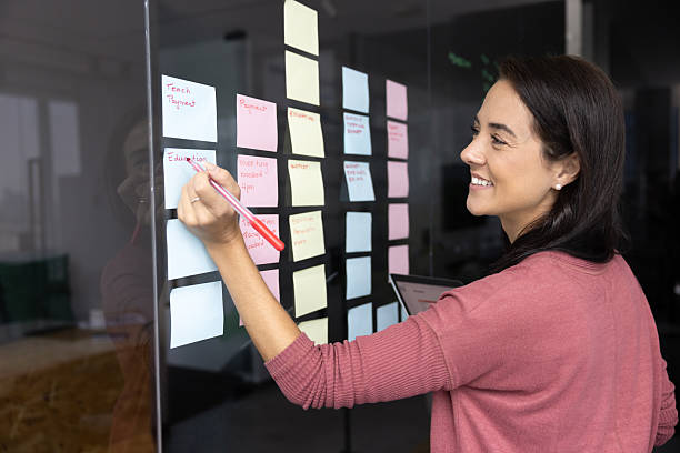 istock Happy young businesswoman use agile methods to plan work 2215947299
