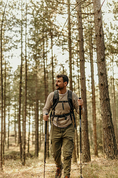 istock Young adult hiking through forest trail 2215955871