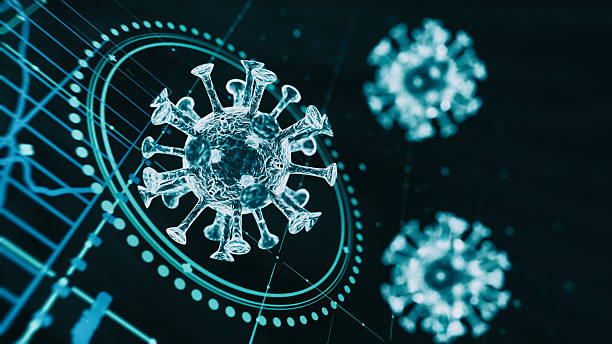 istock Microscopic 3D Model of Coronavirus with Spike Proteins in Digital Environment 2215958838