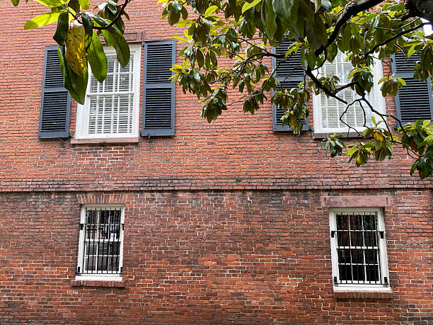 istock Brick Wall with Black Shutters and Magnolia Tree, Savannah, Georgia 2215958840