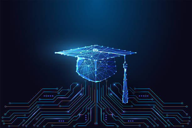 pendidikan cerdas dan pembelajaran online dengan topi kelulusan digital, ilustrasi vektor - universitas ilustrasi stok