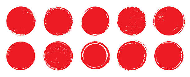 Japan circle red sun brush stamp watercolor paint shape sets. Hand drawn rough red Japanese flag circle shape ink brush stroke texture. Grunge asian rough badge element pack. Vector illustration