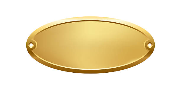 istock Blank golden nameplate plaque with screw holes. Empty metallic oval label for engraving, signage, awards, door signs. Realistic vector illustration 2215981239